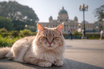 A Feline Lounging Close to a Historic Plaza