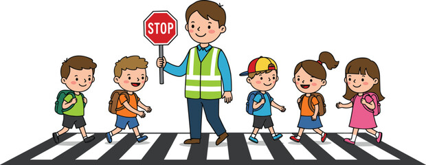 School children crossing street with crossing guard, stop sign, pedestrian safety, kids walking crosswalk, road safety education, traffic awareness illustration