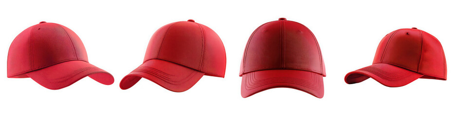 Four red sequined baseball caps shown from different angles, isolated on transparent background