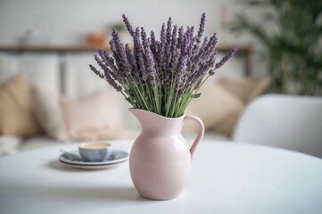 Lavender Flowers Displayed in a Rosy Pitcher on a Light Surface