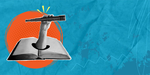 A trendy halftone art collage featuring an eye and a hand protruding from a book, holding a telescope. A futuristic concept for looking into the future. © ArtEternal