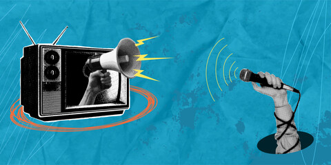 A trendy halftone collage depicts a hand holding a microphone, conducting an interview with a television set, from which a hand with a megaphone protrudes. This concept is a metaphor for news and inte