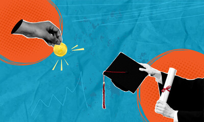 Trendy halftone art collage. Saving, money for education, graduation, money for graduation, education in the future. The concept of investing in education, school, primary and secondary school.
