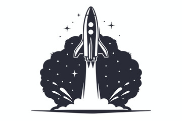 Space Shuttle Launching, Rocket, Stars, Takeoff, Engine Fire, Vector, White Background
