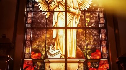 bright sun passes through the stained glass of the cathedral, as a sign of God, shimmering and shining in the glass, Catholic faith. - Powered by Adobe