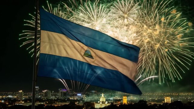vibrant display of fireworks illuminates night sky above cityscape. nicaraguan flag waves prominently in foreground. national celebration. nicaragua independence day, patriotic event