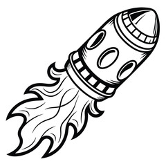 Stylized Rocketship with Flames, Bold Black Silhouette Design on White Background