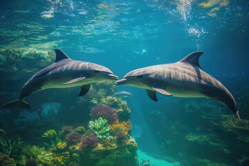 Fototapeta premium Aquatic mammals gliding through a large water tank