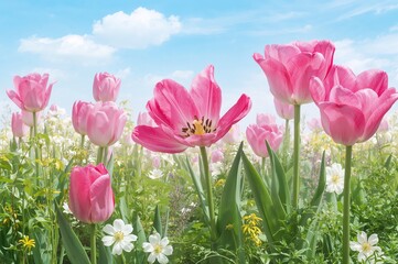 Obraz premium Vibrant pink tulip blossoms thriving in a seasonal garden setting.