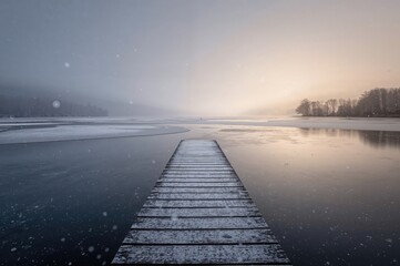 Stunning simple scenery featuring a lone dock drifting on a snowy lake in winter