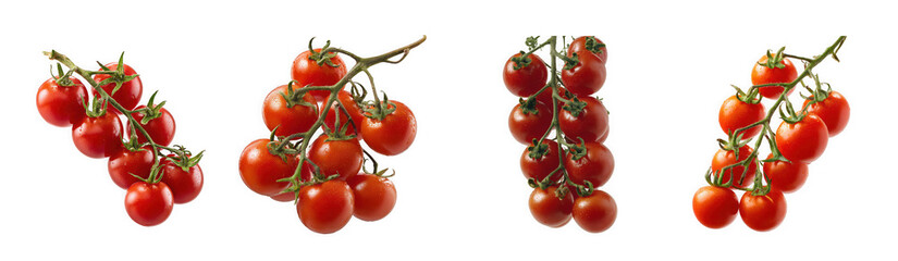 Four bunches of ripe red cherry tomatoes isolated on transparent background