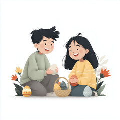 Siblings laughing while hunting colorful eggs in garden for Easter  