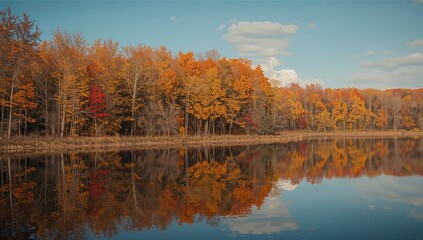 Obraz premium Stunning picture of a woodland beside a lake showcasing colorful autumn foliage mirrored in the water.