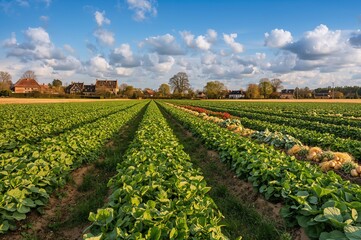 Scenic agricultural fields featuring lush green potato crops and assorted vegetables under a bright blue sky with clouds during the warmer seasons
