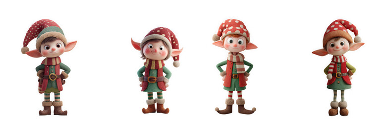 Four cute christmas elves wearing red and green outfits and hats, isolated on transparent background