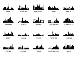 City skyline silhouettes. Paris, New York, Barcelona, Rome, Berlin, Shanghai, Venice, London, Amsterdam, Los Angeles, Dubai, Madrid, Athens, Toronto, Chicago, Sydney, Warsaw, Prague, San Francisco.