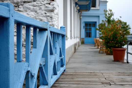 Blue wooden fence and path by white rustic building, great for home decor, lifestyle blogs or architecture inspiration
