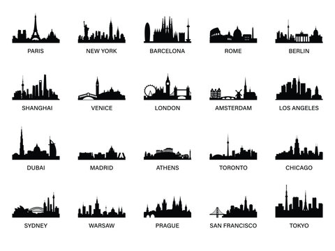 City skyline silhouettes. Paris, New York, Barcelona, Rome, Berlin, Shanghai, Venice, London, Amsterdam, Los Angeles, Dubai, Madrid, Athens, Toronto, Chicago, Sydney, Warsaw, Prague, San Francisco.