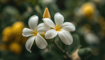 Fototapeta premium Close-up of vibrant lemon blossoms with a blurred garden backdrop and bokeh highlights.