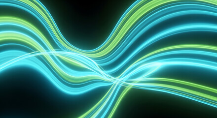 Abstract neon light trails flow and curve against a dark background, creating a dynamic and futuristic effect with vibrant blue and green hues, suggesting energy, movement, and technological advanceme