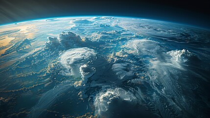 Stunning aerial view of Earth's atmosphere showcasing dynamic cloud formations and sunlight piercing through, inspiring wonder and exploration.