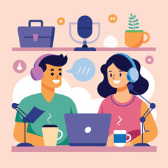 Diverse male and female podcasters wearing headphones engaged in conversation with microphones and laptop in a studio setting