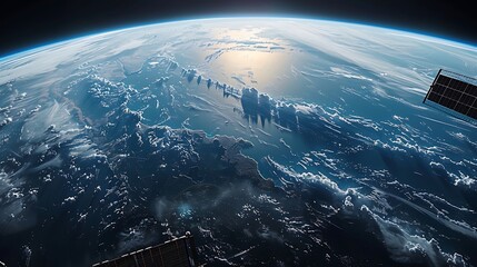 Fototapeta premium Stunning view of Earth from space showing continents, oceans, and clouds with sunlight reflecting on water and solar panels of a satellite