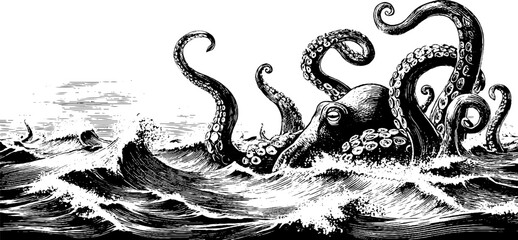 Obraz premium Vintage engraved kraken with swirling tentacles rising from stormy seas in nautical style. 