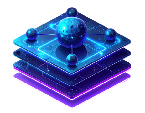 3D Isometric Neural Network Diagram with Floating Nodes, Transparent PNG