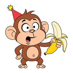 Surprised monkey wearing party hat holds peeled banana