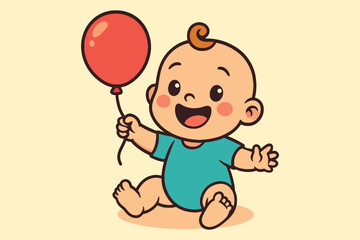 Happy cartoon baby boy sitting and holding a red balloon joyfully