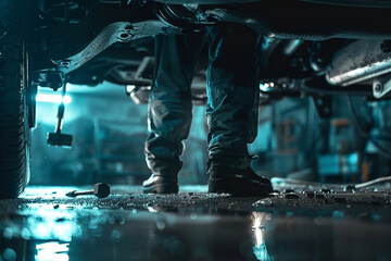 Diligent Mechanic Troubleshooting Car Problems in a Blue-Lit Automotive Garage