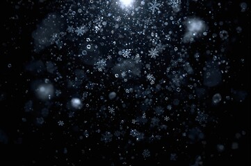 Snowfall captured against a dark backdrop.