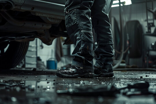 Automotive repair technician standing beside a car in a cluttered garage workshop