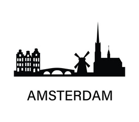 Amsterdam skyline silhouette. Famous Dutch architecture, windmill and church. Simple black cityscape for travel, infographic, design.