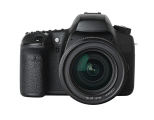 Fototapeta premium Realistic DSLR Digital Camera, Front View, Transparent Background