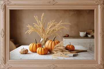 Autumn bounty arrangement with gourds and grain on a light wooden surface in a minimalist kitchen setting.