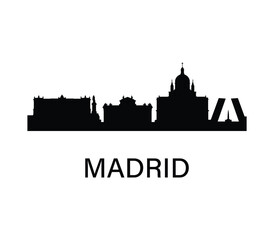 Fototapeta premium Madrid skyline silhouette. Royal Palace and historic buildings. Simple black cityscape for travel, infographic, design.