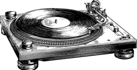 Vintage turntable with spinning record sketch for retro music design