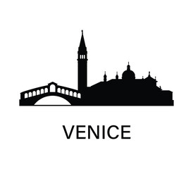 Venice skyline silhouette with Rialto Bridge and bell tower in simple vector style.