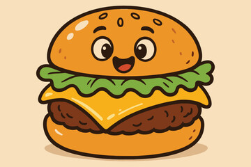 Cute cartoon burger character with happy face and cheese and lettuce