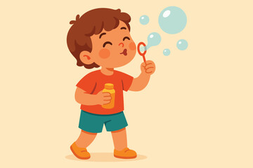 Joyful young boy blowing iridescent bubbles with a wand and bottle on a light background