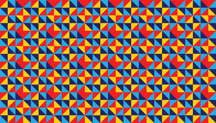 A vibrant seamless pattern featuring geometric triangles in red, blue, and yellow. This abstract optical design creates a bold and energetic visual effect