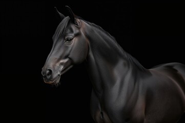 Obraz premium Miniature Black Horse Portrait Against Dark Backdrop