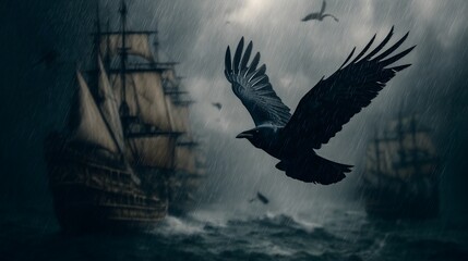 Obraz premium Cinematic Dark Sailing Ships with Dramatic Sky.Generative AI