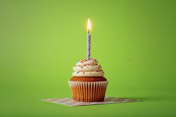 Celebratory card featuring a lit cupcake candle on a grassy backdrop