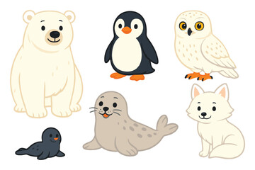 Cute arctic and antarctic animals collection including polar bear penguin seal and arctic fox