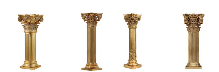 Four golden classical columns of varying heights isolated on transparent background