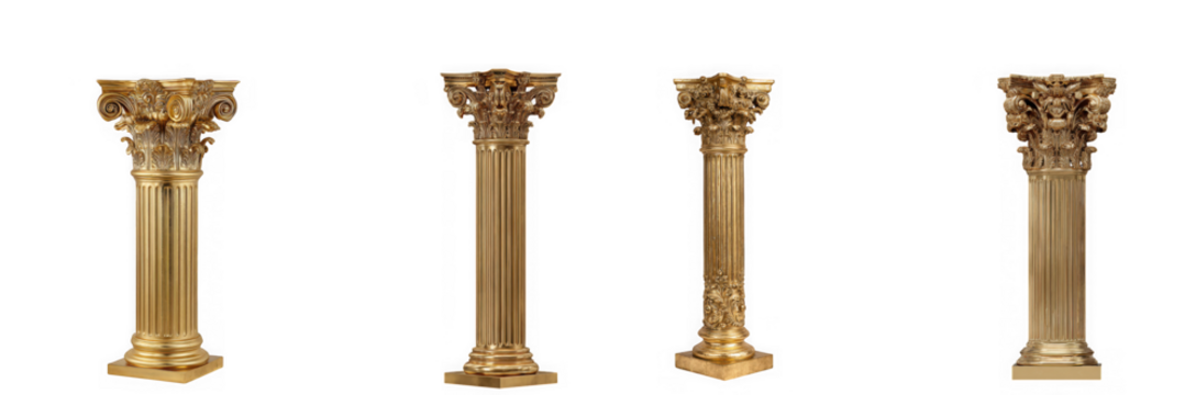Four golden classical columns of varying heights isolated on transparent background - Powered by Adobe