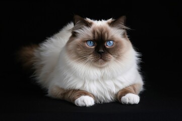 Studio portrait of a Birman cat against a dark backdrop